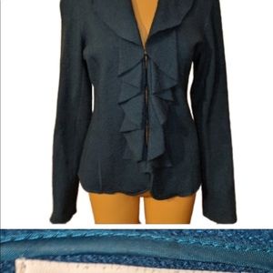 Blue Wool Ruffle Sweater Hook Clasp Closure Medium